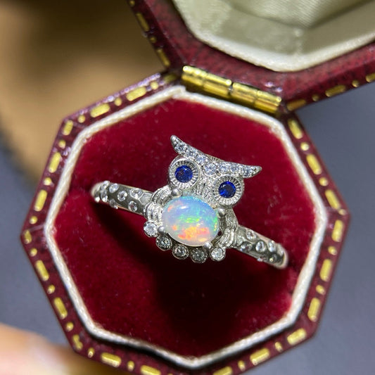 925 Sterling Silver White Opal Owl Open Ring