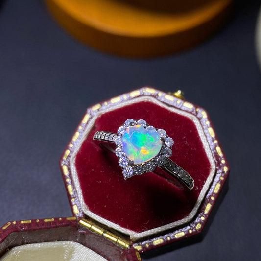 925 Sterling Silver Heart Opal Stackable Heart Halo Open Ring