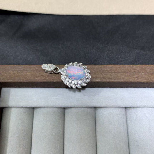 925 Sterling Silver Halo Opal Dangle Charm Pendant