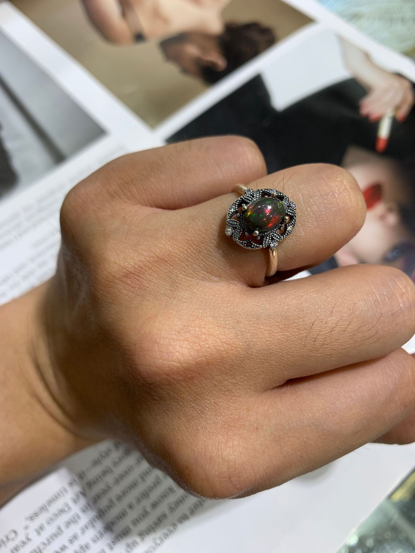 925 Sterling Silver Black Opal Antique Filigree Ring
