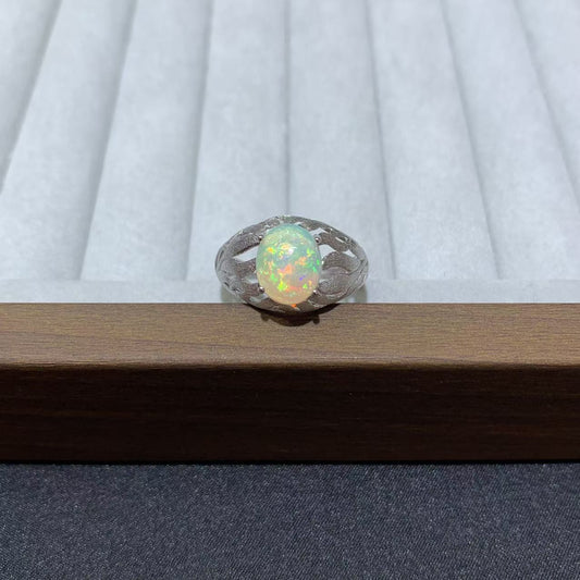 925 Sterling Silver White Opal Hollow Lace Open Ring