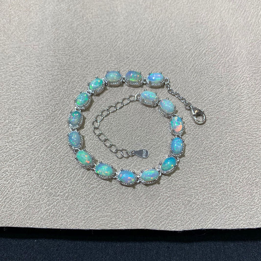 925 Sterling Silver White Opal Paved Chain Bracelet