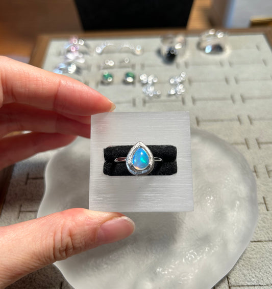 925 Matte Silver Rainbow Opal Pear Shaped Ring
