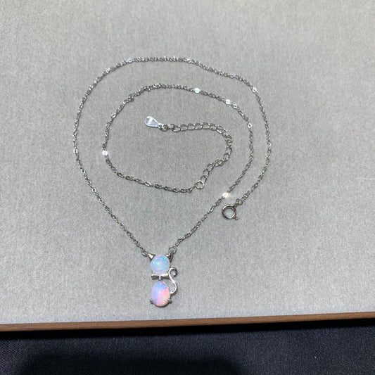 925 Sterling Silver Oval Opal Cat Pendant Necklace