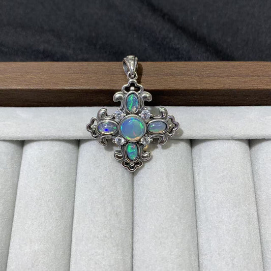 925 Sterling Silver Opal Cross Filigree Pendant