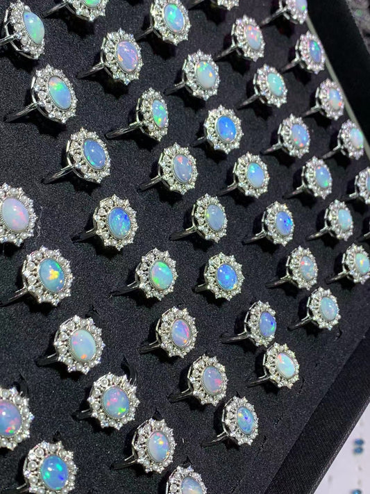 925 Sterling Silver Rainbow Opal Floral Halo Ring