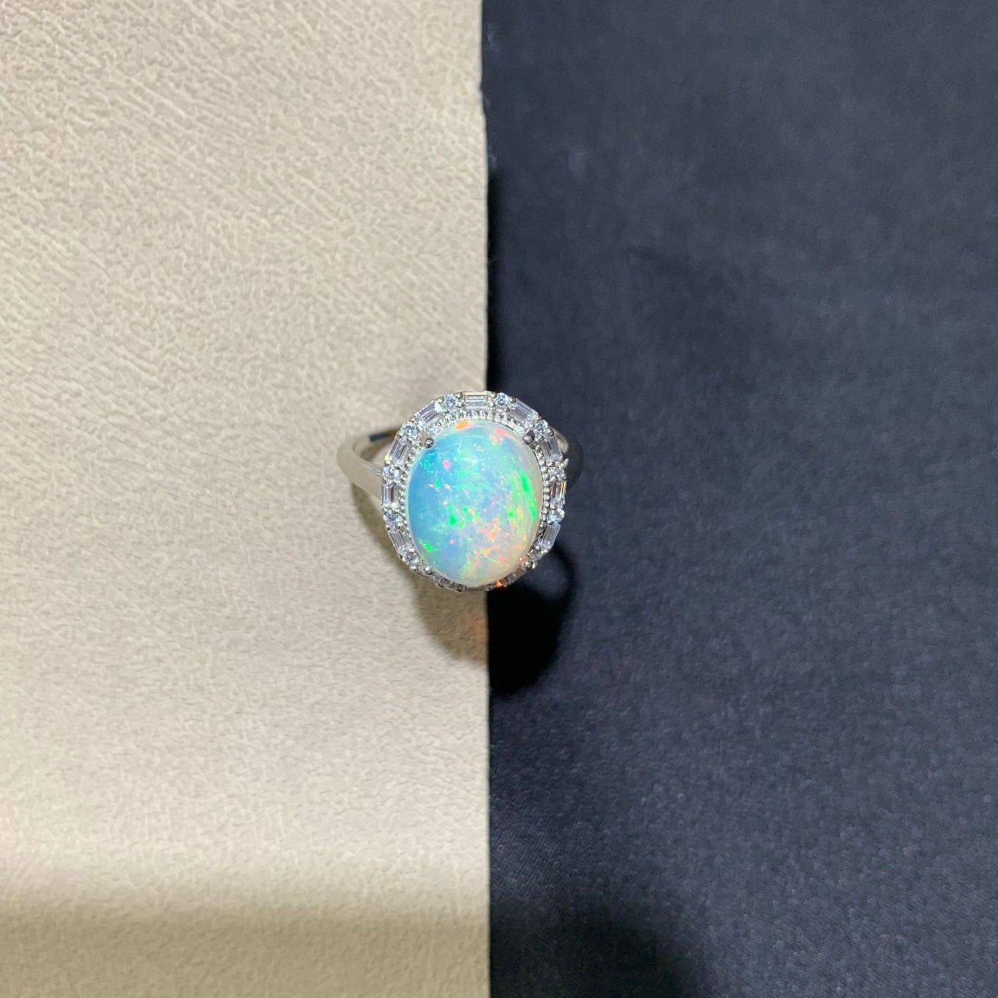 925 Sterling Silver Oval Rainbow Fire Opal Halo Ring