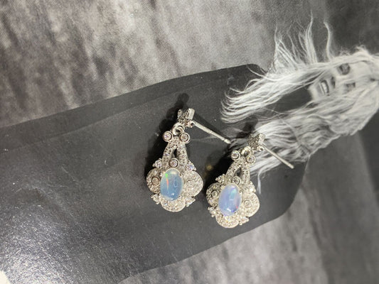 Sterling Silver Blue Opal Full Paved Drop Earrings
