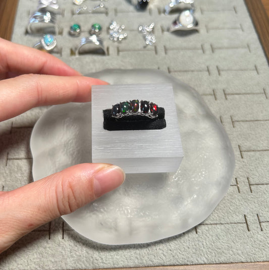 925 Sterling Silver Black Opal Stackable Band Open Ring