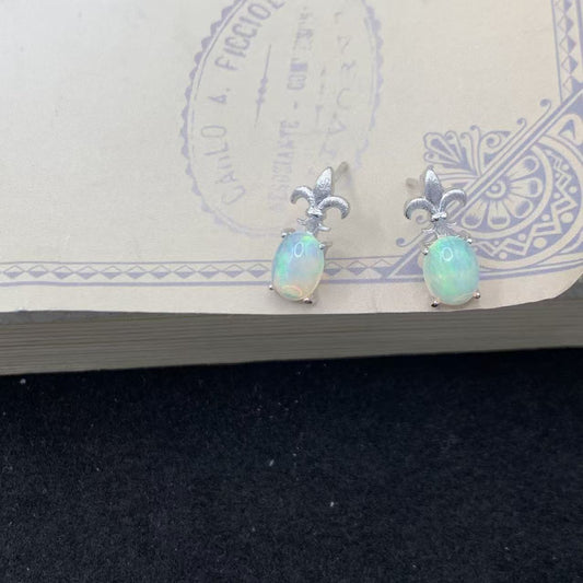 925 Sterling Silver Fleur De Lis Green Opal Stud Earrings