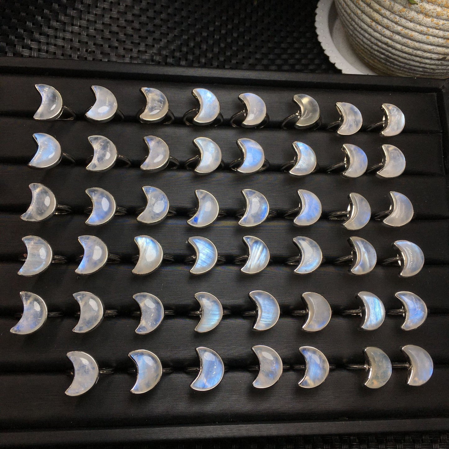 Sterling Silver Crescent Moon Blue Flash Moonstone Bezel Ring