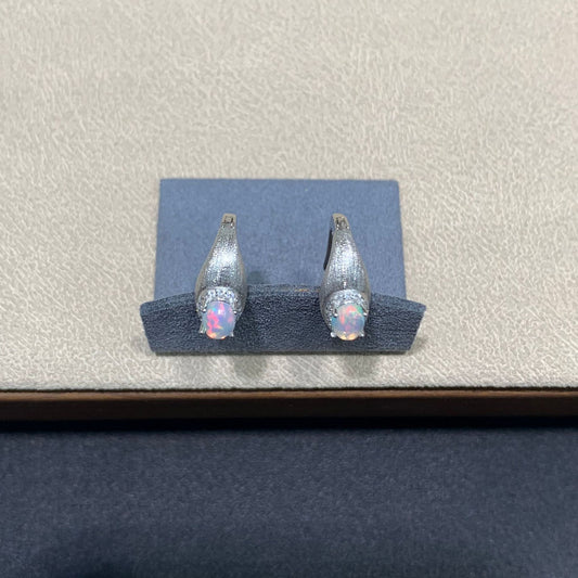 925 Brushed Silver Opal Huggie Hoop Earrings