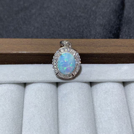 925 Sterling Silver Oval Opal Cabochon Halo Charm Pendant