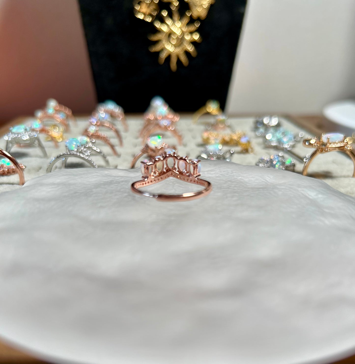 925 Rose Gold Sterling Silver Oval Opal Stackable Crown Open Ring