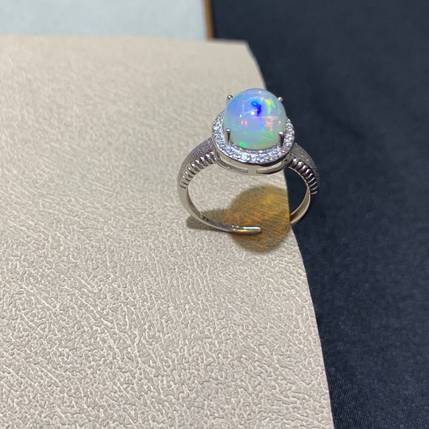 925 Sterling Silver White Opal Halo Open Ring