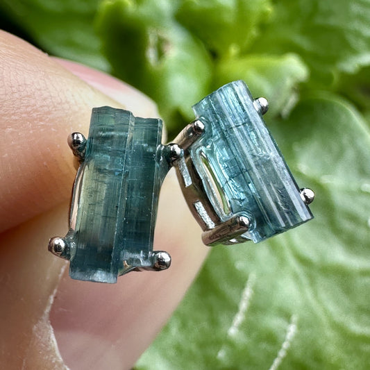 Sterling Silver Raw Blue Tourmaline Stick Stud Earrings