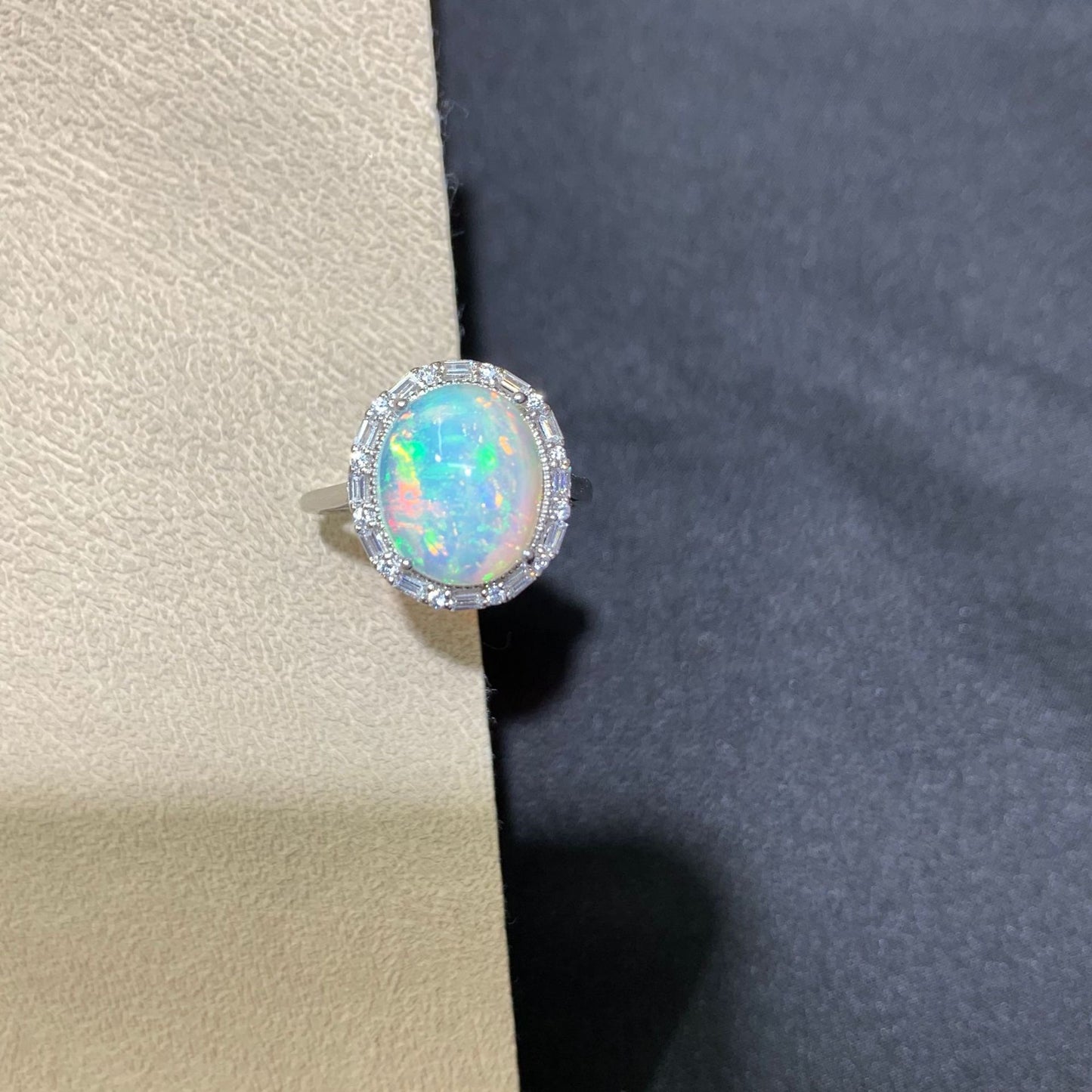 925 Sterling Silver Oval Rainbow Fire Opal Halo Ring