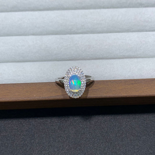 925 Sterling Silver Opal Oval Halo Statement Ring