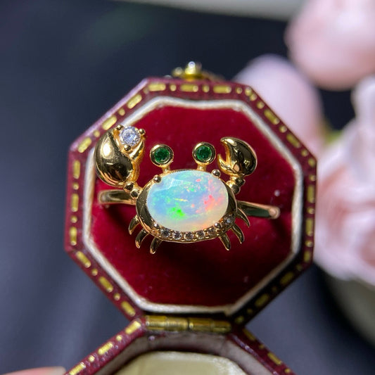 925 Sterling Silver Crab Oval Opal Open Ring