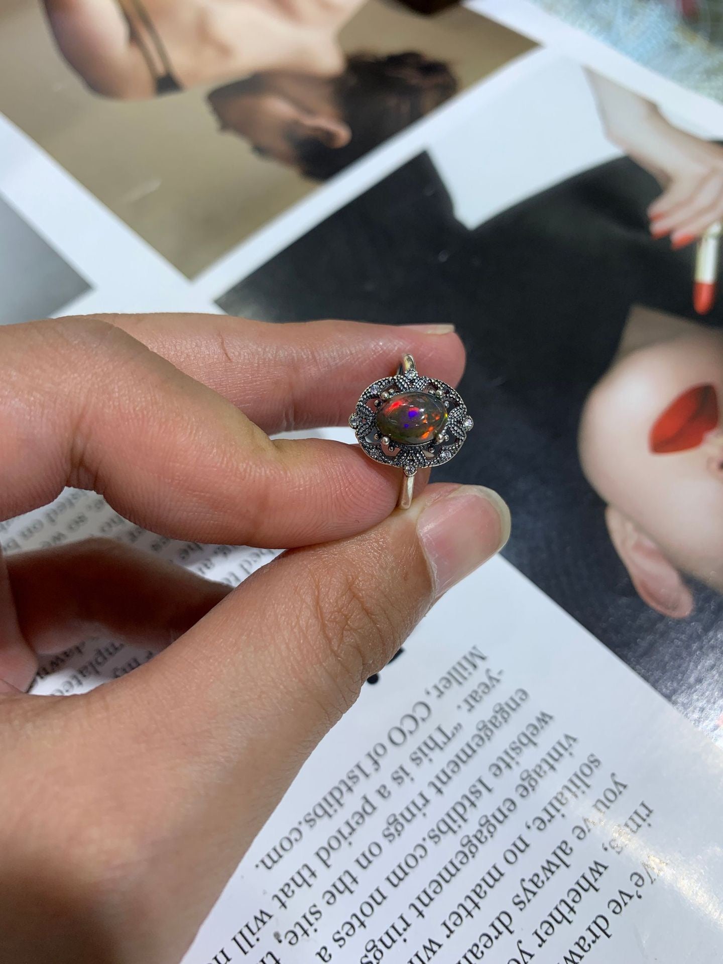 925 Sterling Silver Black Opal Antique Filigree Ring
