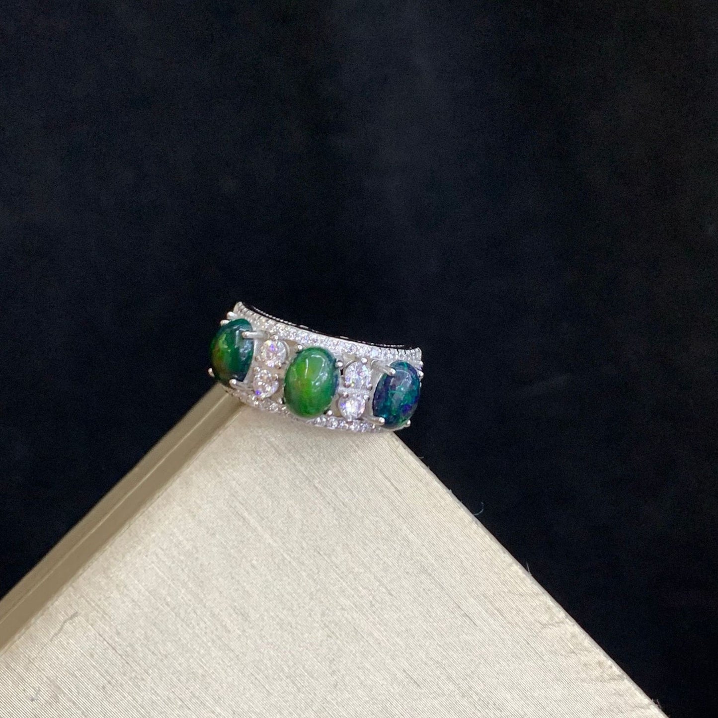 925 Sterling Silver Black Opal Wide Band Ring