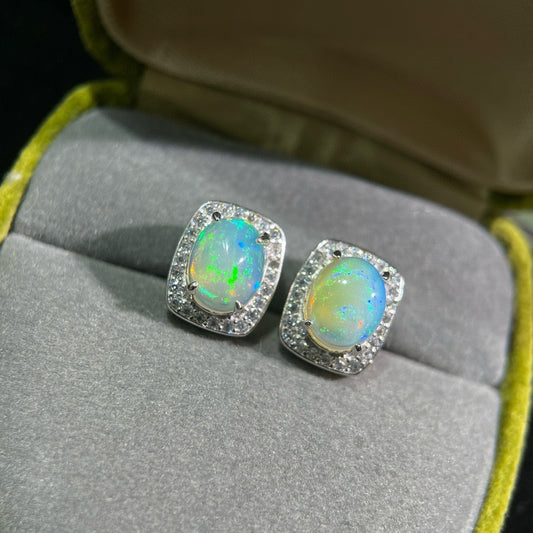 925 Sterling Silver Cushion Halo Square Opal Stud Earrings