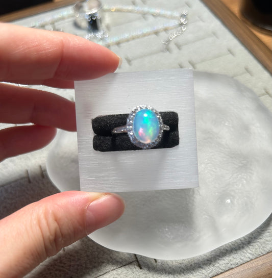 925 Sterling Silver High Dome Oval Opal Cabochon Halo Ring