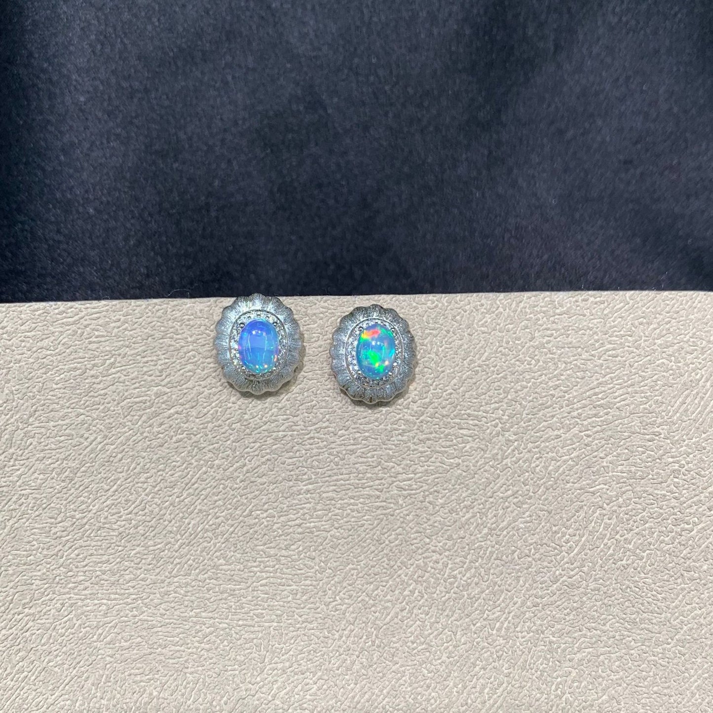 925 Sterling Silver Opal Matte Scallop Frame Stud Earrings