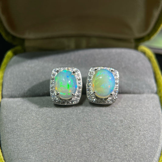925 Sterling Silver Cushion Halo Square Opal Stud Earrings