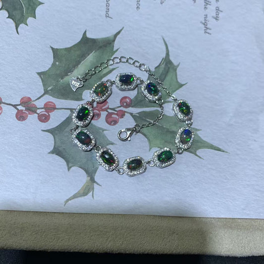 925 Sterling Silver Halo Black Opal Bracelet