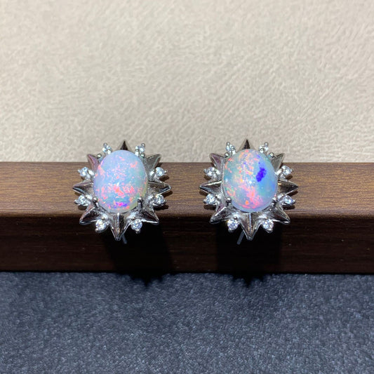 925 Sterling Silver Sunburst Halo White Opal Stud Earrings
