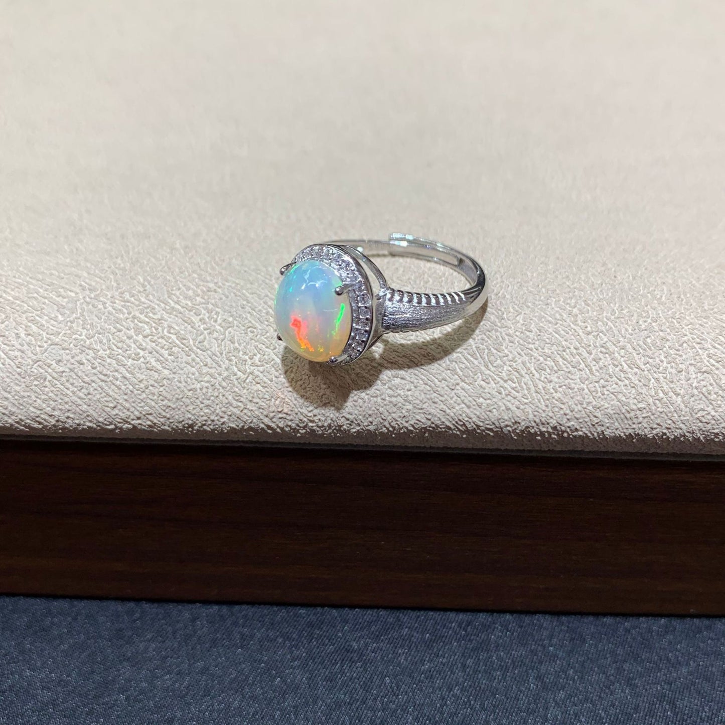925 Sterling Silver White Opal Halo Open Ring