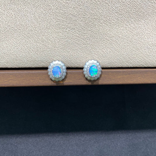 925 Sterling Silver Opal Matte Scallop Frame Stud Earrings