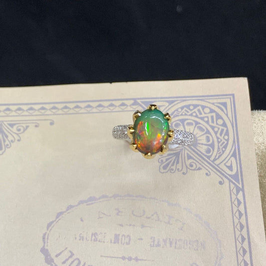 925 Sterling Silver Gold Prong Green Opal Paved Open Band Ring