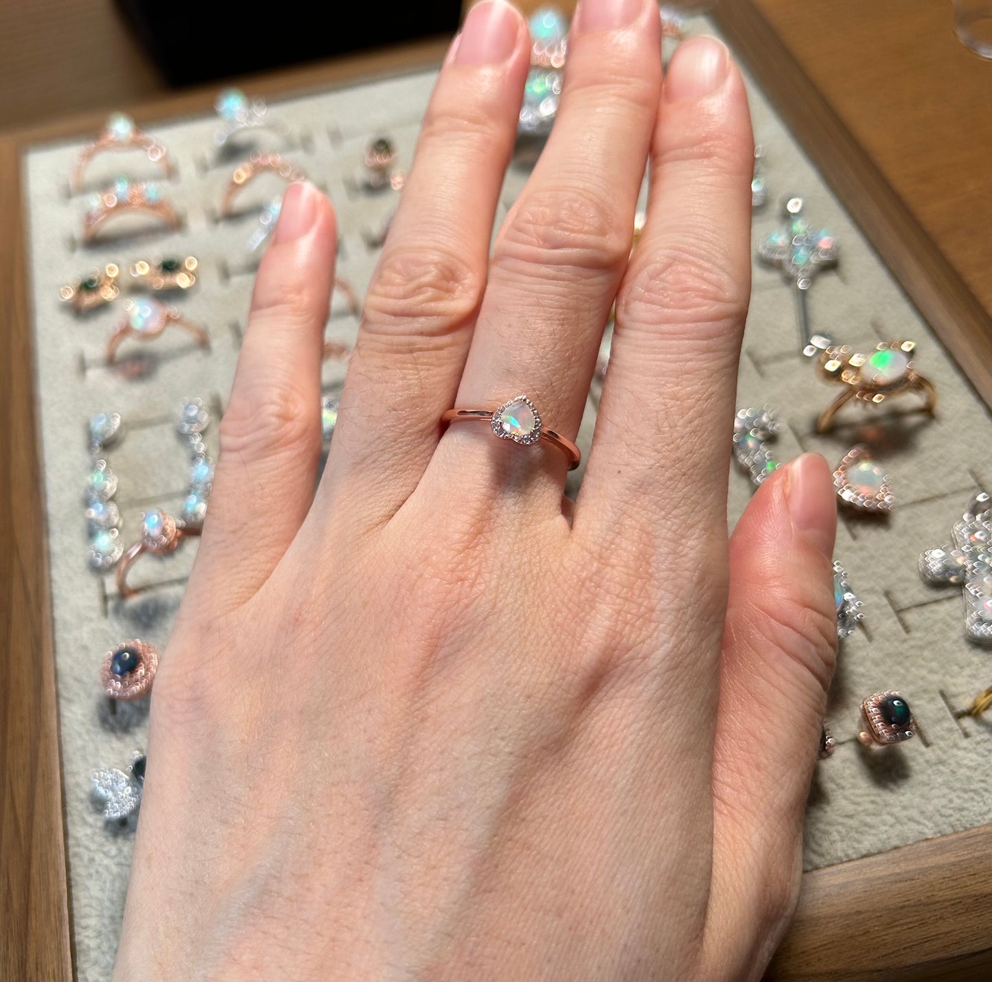 925 Rose Gold Sterling Silver Heart Opal Stackable Heart Halo Open Ring