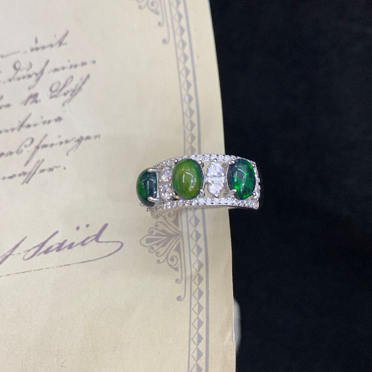 925 Sterling Silver Black Opal Wide Band Ring