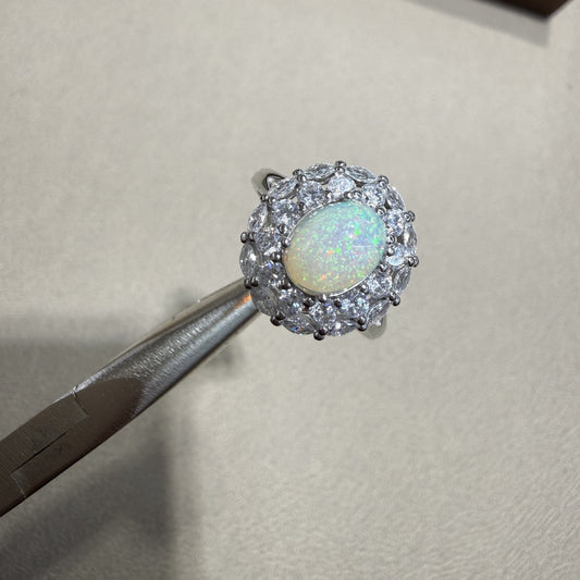 925 Sterling Silver Opal Halo Statement Ring