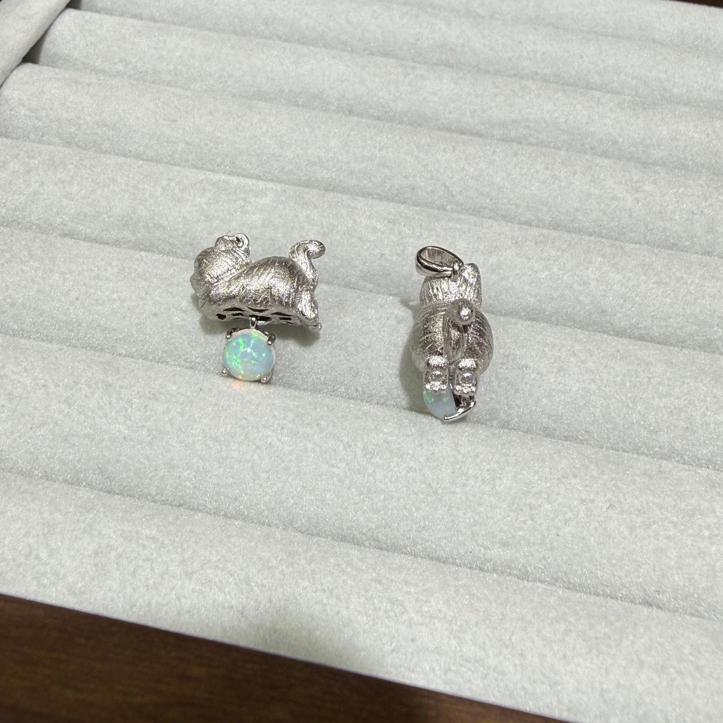 925 Sterling Silver Lazy Cat Round Opal Brushed Silver Pendant