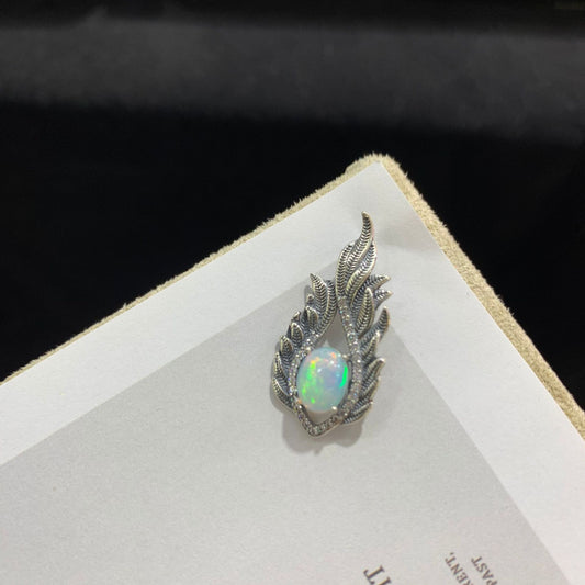 925 Sterling Silver Vintage Oxidized Feather Opal Pendant