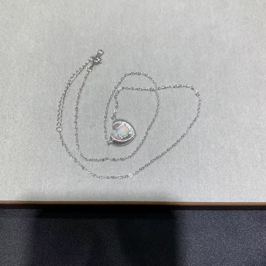 925 Sterling Silver Brushed Heart Round Opal Necklace