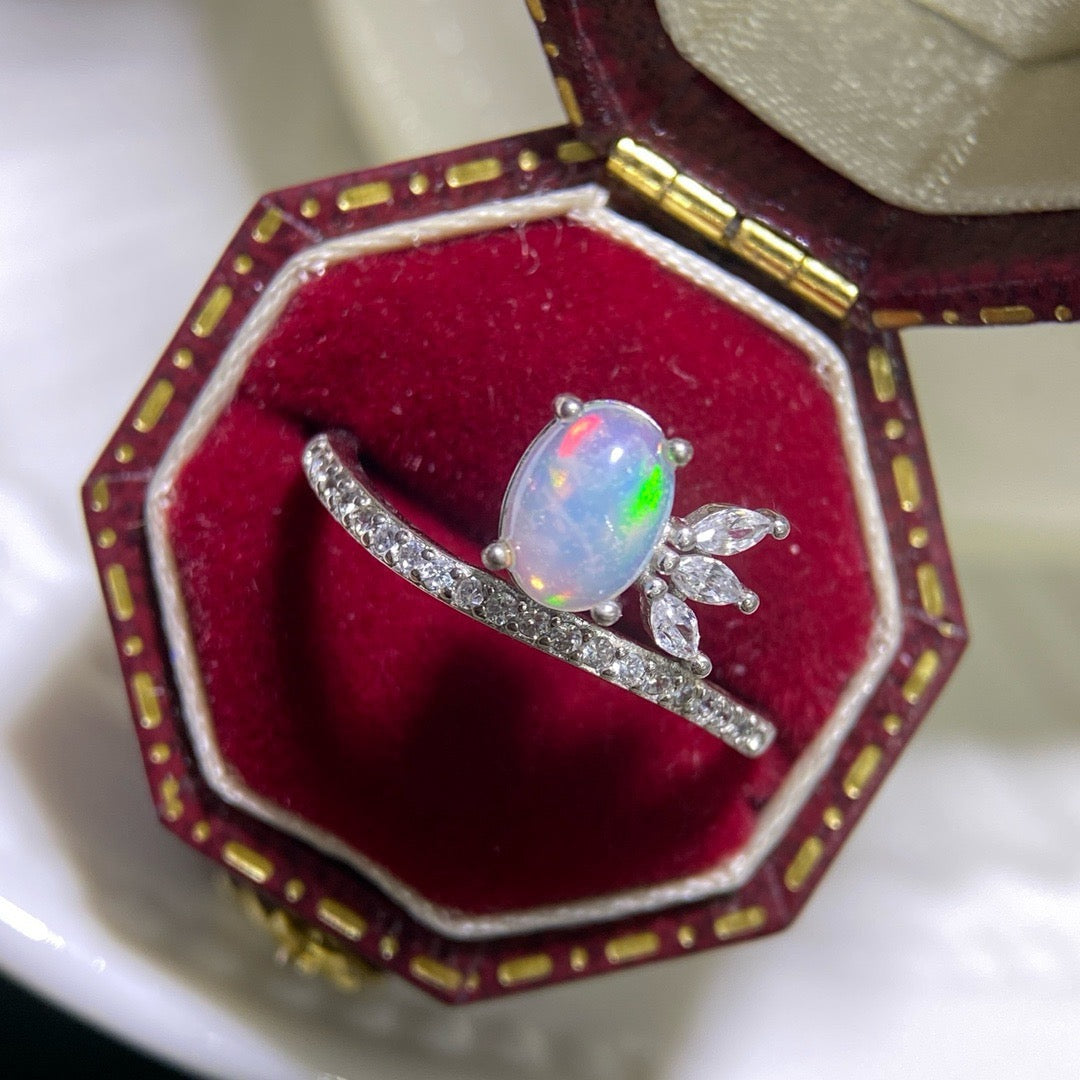 925 Sterling Silver White Opal Paved Band Stackable Open Ring