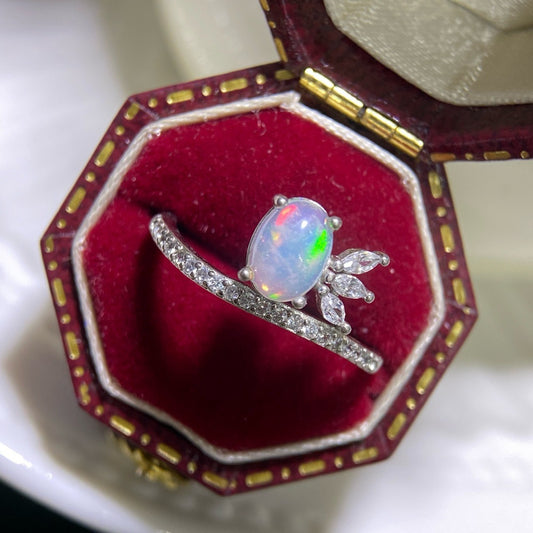 925 Sterling Silver White Opal Paved Band Stackable Open Ring