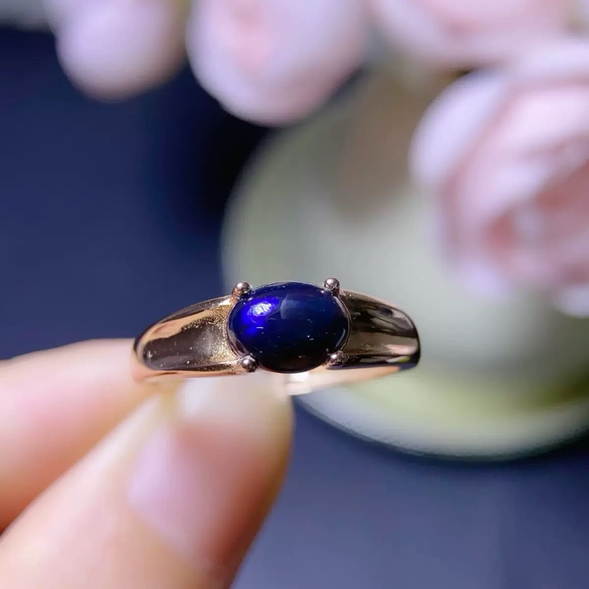 925 Rose Gold Silver Oval Cabochon Opal Solitaire Open Ring