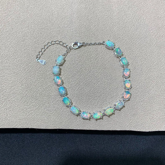 925 Sterling Silver White Opal Paved Chain Bracelet