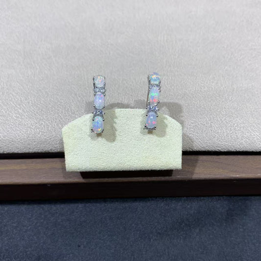 925 Sterling Silver White Opal Huggie Hoop Earrings