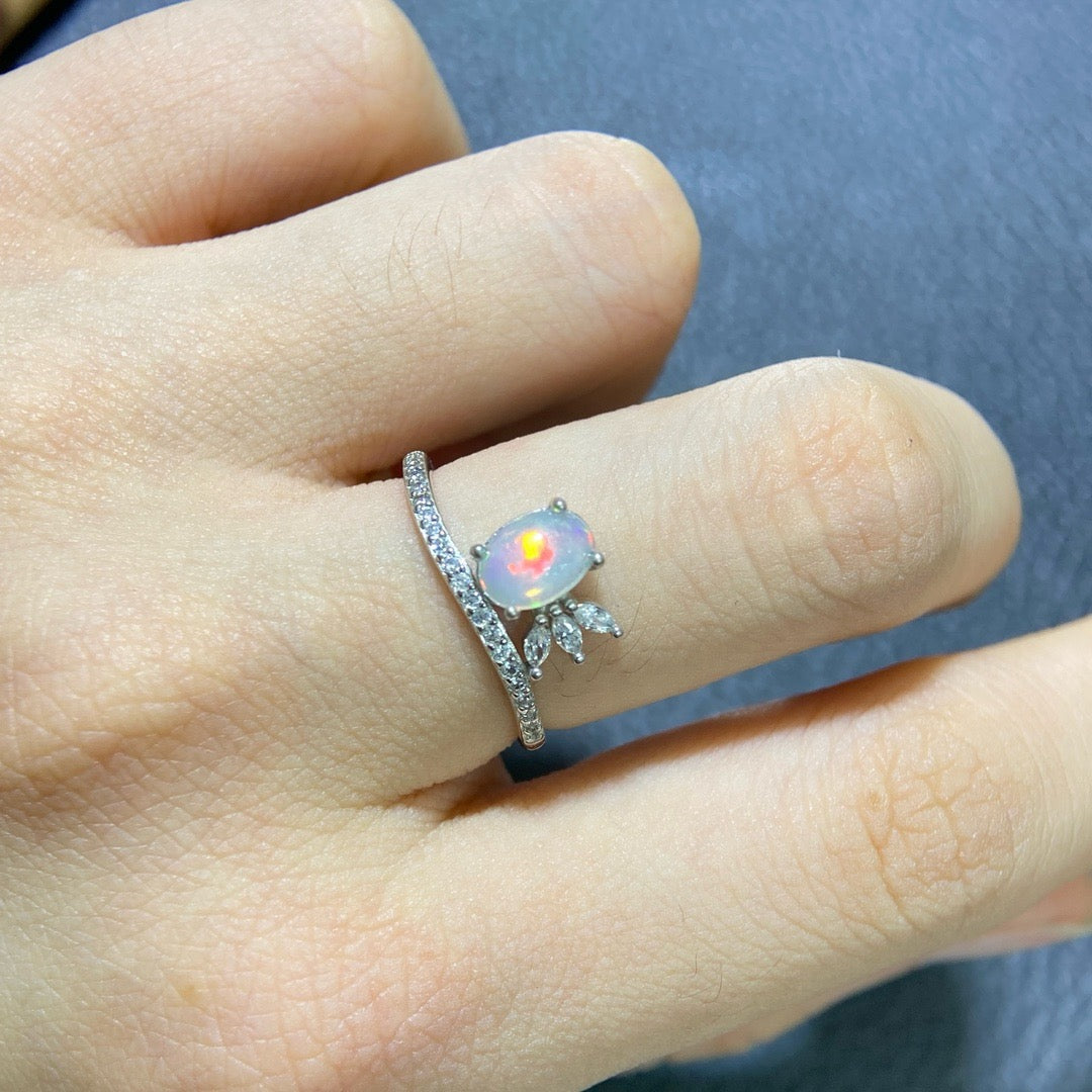 925 Sterling Silver White Opal Paved Band Stackable Open Ring