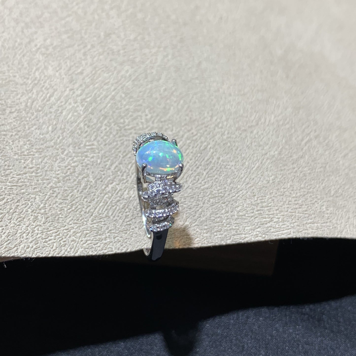 925 Sterling Silver White Opal Curved Paved Ring