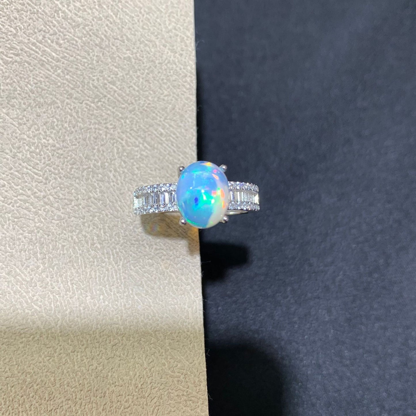 925 Sterling Silver Opal Baguette Double Row Open Ring