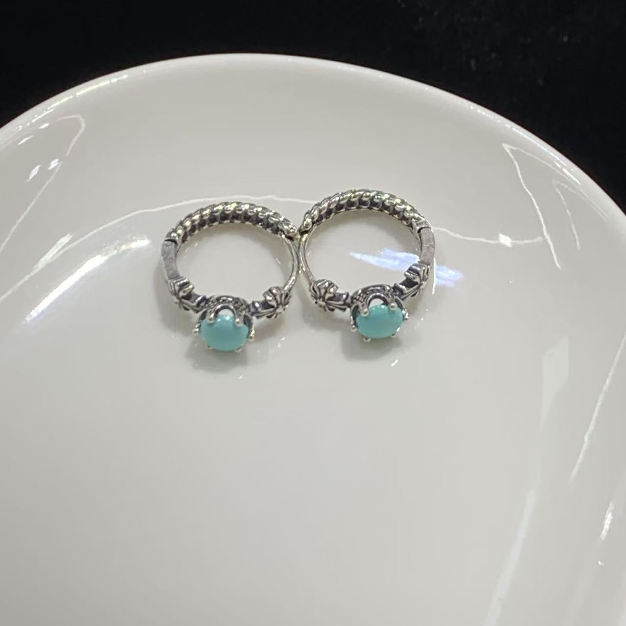 925 Sterling Silver Vintage Turquoise Huggie Hoop Earrings