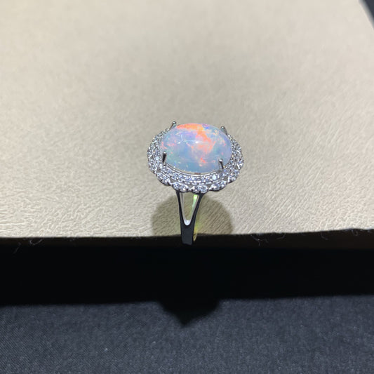 925 Sterling Silver High Dome Oval Opal Cabochon Halo Ring
